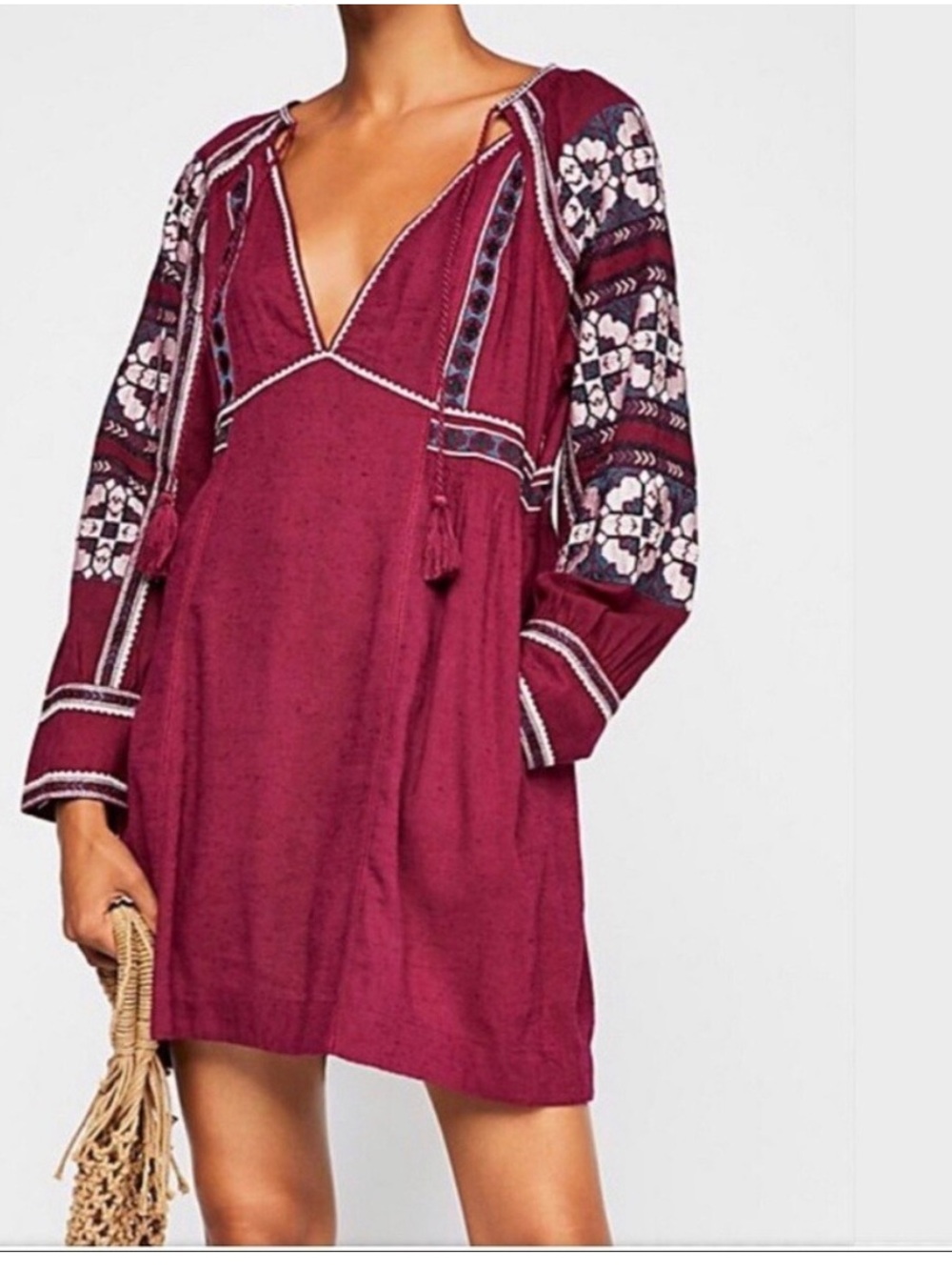 Free People Burgundy Embroidered Long-Sleeve Mini Dress